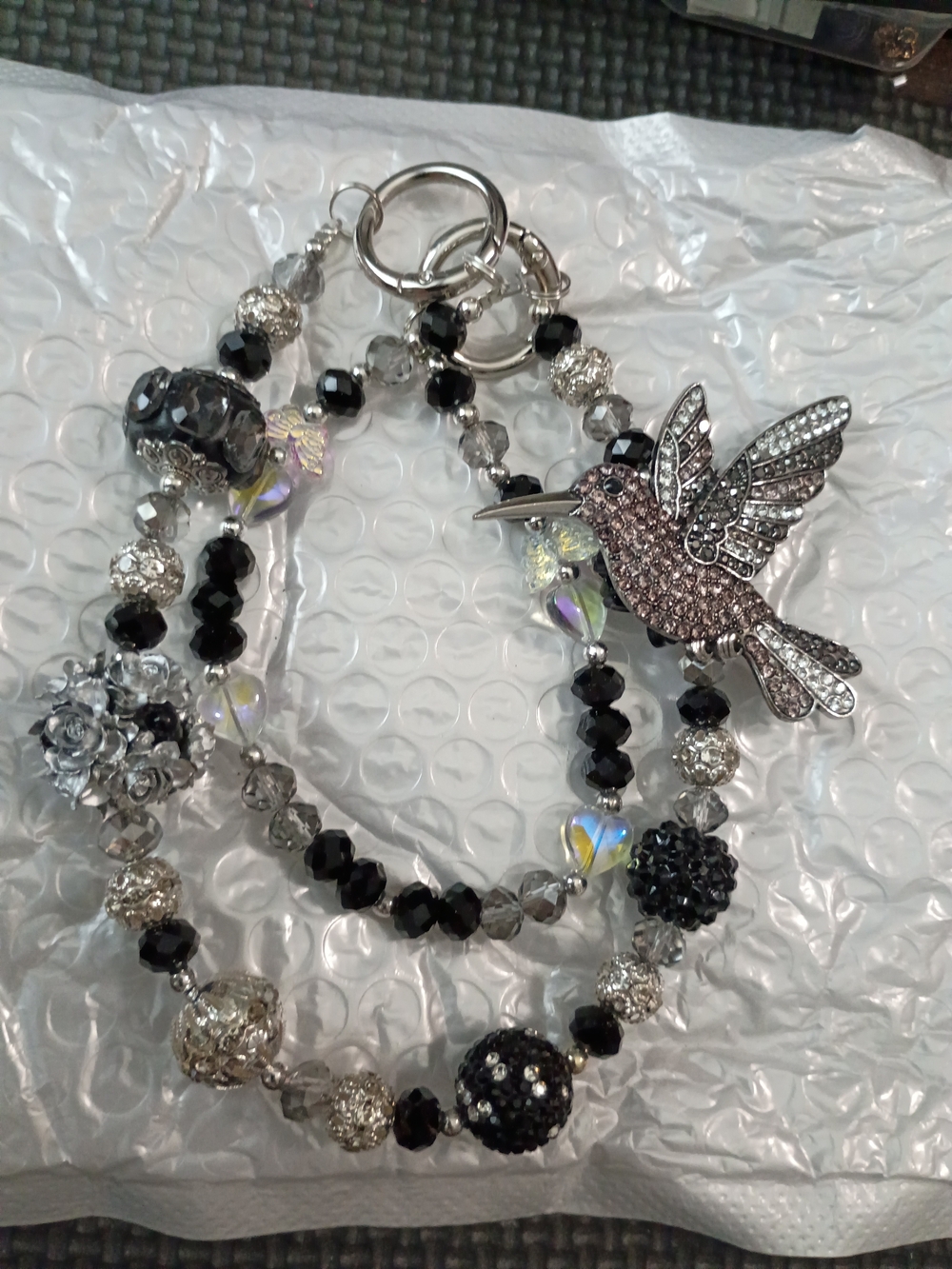 Crystal Hummingbird Beaded Keychain- Black & Silver